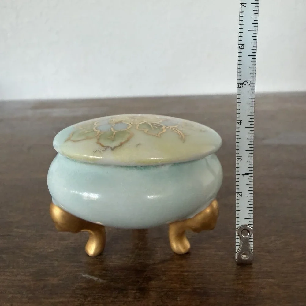VTG English Blue Porcelain‎ Vanity Jewelry Trinket Dish Hand Painted Gold Floral